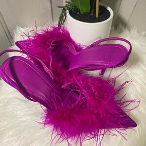 Fuchsia Feathered Sling Back Heels